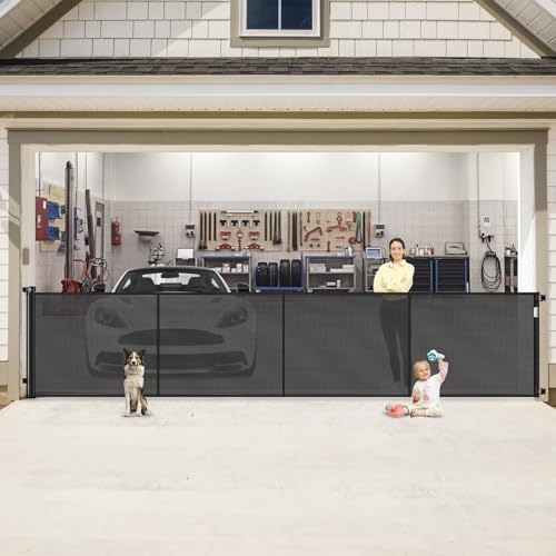 Reinforced 200 Inch Extra Wide Retractable Baby Gates to Prevent Crawling Through, Indoor/Outdoor Baby Gates for Decks, 16 ft Mesh Retractable Fence/Barrier/Blocker/Screen Gate for Garage, Black