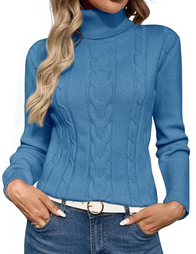 Xnova Pull col Roulé Tricot Femmes Hiver Chaud Manches Longues, Thermal Pulls Top en Maille Irlandais, Confortable Basique Pullover Laine Chic Ajusté Moderne Serré Haut Automne Hiver (Bleu, L)
