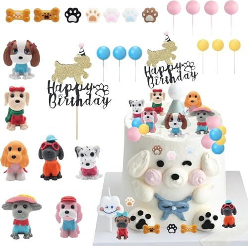 Decorazioni Torta Compleanno Cane, 33 Pezzi Torta Decorazione Cane Topper per Torte Compleanno Dog Decorazioni per Cupcake Topper Happy Birthday Decorazioni per Feste per Bambini, Baby Shower