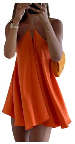 SOLY HUX Women's Mini Dress Halter Neck Sleeveless Tie Backless Swing Flowy Beach Dresses Summer Vacation Clothes Solid Orange Small
