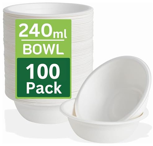 Ask Packaging 100 Pack Strong Paper Bowls – 240ml Small Disposable Compostable Bagasse Bowl for Party – (4.5 x 1.77 inches) Biodegradable Microwavable Soup Bowls - Idea for Dessert Milk Salad Cereals