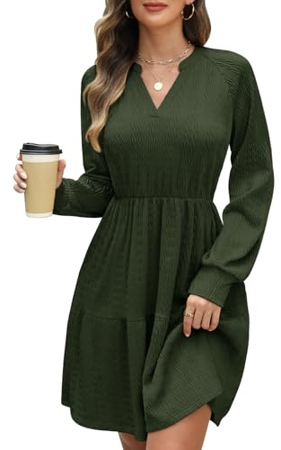 CMTOP Vestido Mujer Manga Larga Cuello en V Vestidos Elegante Casual Midi Cintura Alta Vestido de Punto con Bolsillos Dress Otoño Primavera
