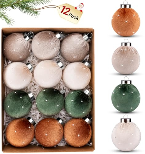 TonJin Christmas Tree Ornaments Velvet Balls 12 Pack, 2.36/60mm Glitter Shatterproof Hanging Flocked Xmas Bulbs Decorations, Lightweight, Burnt Orange Green Beige Neutral,Holiday Party Home Decor