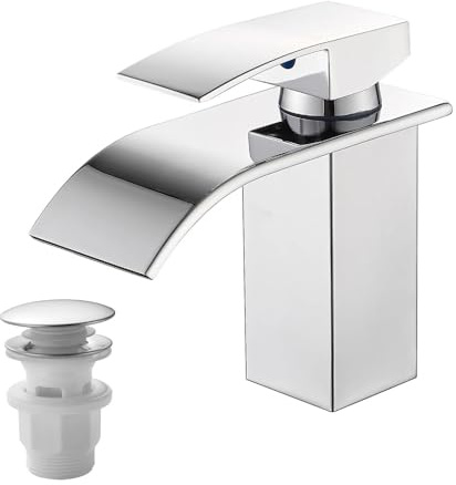 Vuadzren Rubinetto per Bagno con Set di Scarico, Miscelatore a Cascata per Lavabo, Monocomando per Bagno con Tubo di Collegamento G3/8 per WC degli Ospiti (Altezza di Scolo 80mm, cromato)