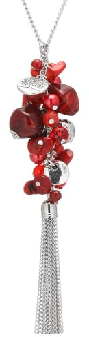 FULU AUTUMN Long Silver Necklaces for Women Long Beaded Pendant Necklace Silver Tassel Sweater Chain Boho Costume Jewellery Gifts for Her(Red)