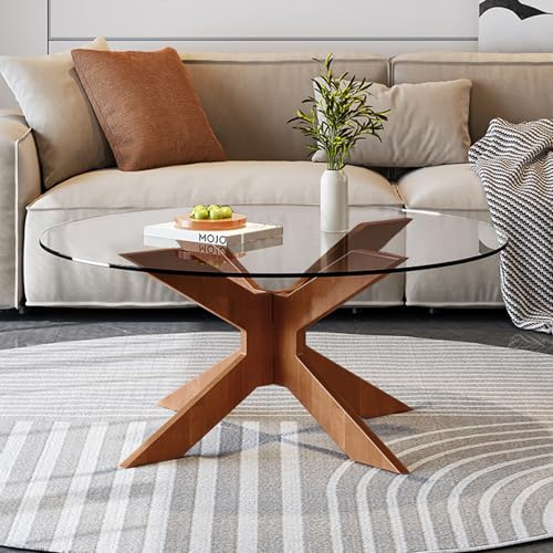 AuraFurn Tavolino rotondo in vetro con base in legno incrociata, Moderni tavolini in vetro temperato, Piccolo tavolo da tè per soggiorno e camera da letto Tavolino da salotto Tavolino da divano