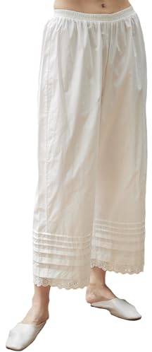BEAUTELICATE Pettipants Pantaloons for Women Pure Cotton Trouser Slips Loose Comfy Pajama Bottoms Vintage French Culotte Pants with Pockets Handmade Lace Off White Black