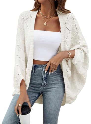 Sidefeel Women's Oversized Cardigan Sweaters Spring Summer Boho Long Batwing Sleeve Knit Open Front Shrugs Lightweight Sweater White Medium