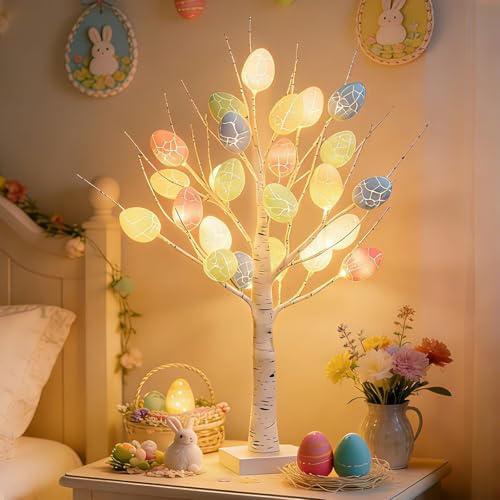 Albero Pasquale Illuminato con Uova Colorate, 60cm Albero Artificiale con 24 LED Bianco Caldo, USB y Funciona con Pilas, Albero Luminoso Decorazione per Scrivania Soggiorno Camera da Letto Feste