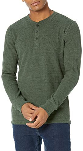 Amazon Essentials Camisa Henley de Panal de Abeja de Manga Larga con Ajuste Entallado Hombre, Verde Oliva Mezcla, L
