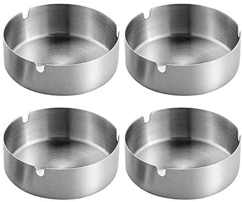 Pack of 4 Round Stainless Steel Cigarette Ashtray Set for Outdoor and Home (Medium)