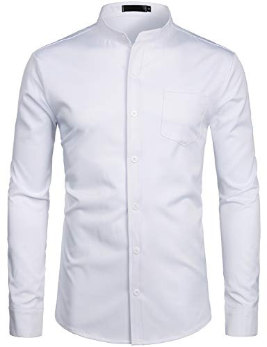 PARKLEES Men's Grandad Collar Smart Dress Shirt Slim Fit Long Sleeve Button Up Shirts with Pocket White M