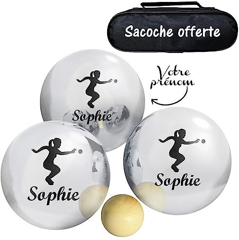 KDO MAGIC - Boule de pétanque personnalisée - Triplette 720g Personnalisable - Prénom gravé - Lot de 3 Boules et 1 cochonnet - Idée Cadeau (Modèle Joueuse)