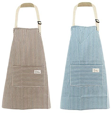 Coyanyu Woman Apron with Pockets, 2 Pieces Blue and Coffee Stripe Adjustable Cotton Linen Kitchen Chef Bib Apron for Cooking, BBQ, Baking, Gardening, Household Cleaning, Restaurant