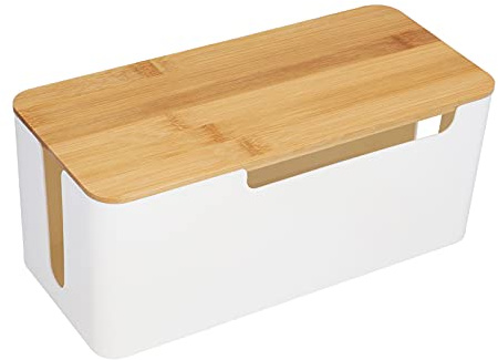 Kabelhanteringsbox med bambulock skrivbordstråd organisering kabelbox liten kabelhanteringslösning för sladdreglage TV-trådar routrar dator skrivbord kontor