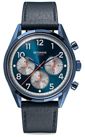 DeTomaso Heritage Chronograph Blau Herren-Armbanduhr Analog Quarz Lederarmband Blau