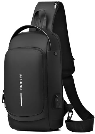 HAN-LBG Axelväskor för män och kvinnor, vattentät bröstväska med USB-laddningsport stöldskydd lösenordslås crossbody ryggsäck liten flex axelväska för vandring cykling löpning resor