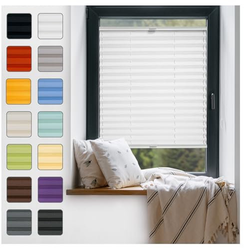 Fenster Plissee ohne Bohren zum Kleben Innenrahmen - Thermo Plisseerollo Innen - Rollo Jalousie, Halterungen auf Rahmen, Faltrollo, Sichtschutz, Blickdicht, für Fenster & Tür - Weiß, 80 x 110 cm