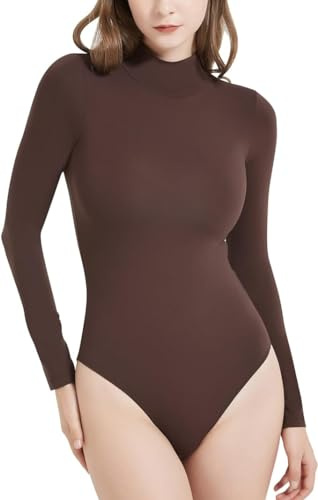 Bcenoilua Bodysuits för kvinnor sköldpadda hals smal passform kropp passar långärmad trikåtopp enkel stretch en del bodysuit damer hög hals tjock overall toppar, Kaffe, M