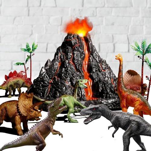 TOYSXYIN Juego de volcán grande con 9 figuras de acción realistas de dinosaurio para niños de 2, 3, 4, 5, 6, 8, 10 años, erupciones volcánicas simuladas con sonidos, volcán puede almacenar dinosaurios