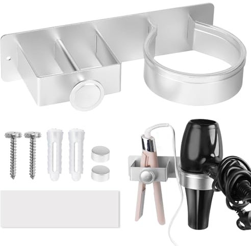 QINLECTRI Soporte para secador de pelo y plancha de pelo, acero inoxidable, soporte para secador de pelo, montaje en pared, autoadhesivo, sin taladrar, plateado
