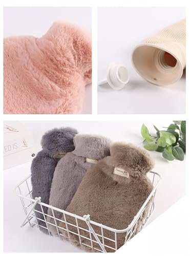 Premium Wärmflasche 2 Liter kuschliger flauschiger Stoffbezug Wärmeflasche (Dunkel Beige)