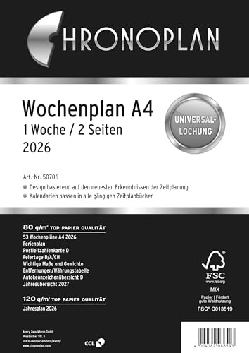 Chronoplan 50706 Kalendereinlage 2026 (Wochenplan A4 (210x297mm) Ersatzkalendarium für Terminplaner, ideal für detaillierte Wochenplanung, 1 Woche auf 2 Seiten in Spalten, mit Universallochung) weiß