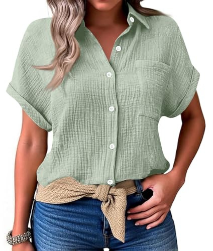 Chemisier Femme Manches Courtes Col V Boutons et Poches Chemise Gaze de Coton Blouse Femme Chic et élégant Tunique Lin Grande Taille Lâche Respirant Haut Ete