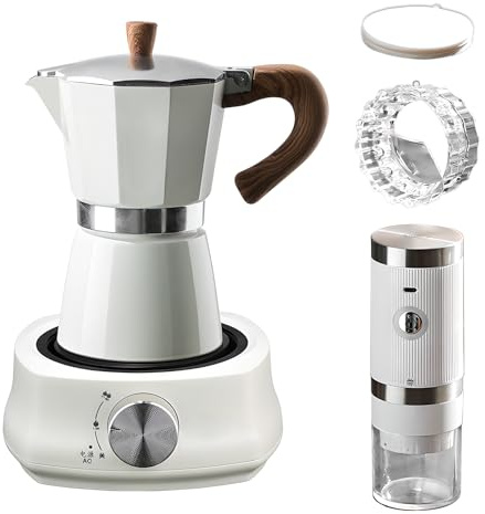 Cafetera Moka, Cafetera Espresso para Fogón de 300 Ml con Calentador Eléctrico de 500 W, Cafetera de Aluminio para Oficina en Casa, Cafetería, para Preparar Capuchino O Café con Leche White