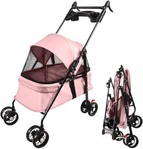 Homewell Poussette 2 en 1 pour chien avec 2 porte-gobelets, caisse pour chien, sac de transport pliable, avec frein de stationnement, buggy pour animaux de compagnie, 50 x 70 x 99 cm (rose)