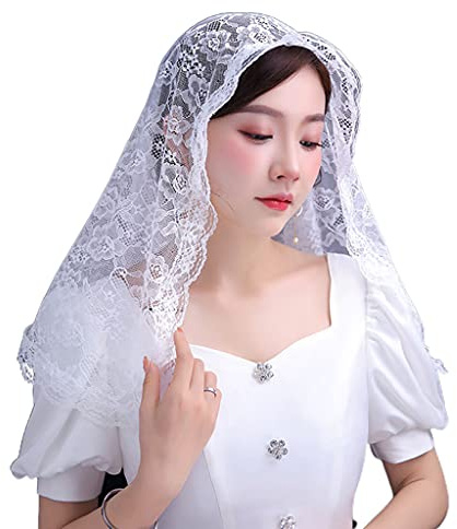 XAGMODSHN Velo de capilla Mantilla con bordado de flores latinas para cubrir la cabeza, bufanda de borde de encaje para confirmación, bautismo, 2 velos de encaje español, Mantilla católica, cubierta