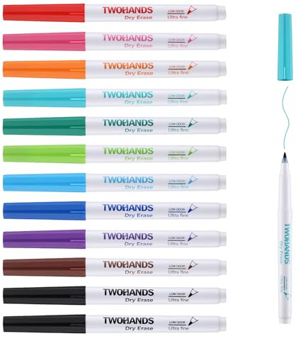 TWOHANDS Whiteboard Pens Ultra Fine Tip, Low Odor, 0.7 mm Extra Fine Point, Assorted Colours, Dry Wipe Pen for Office,Home,or Planning Whiteboard,12 Count,20581