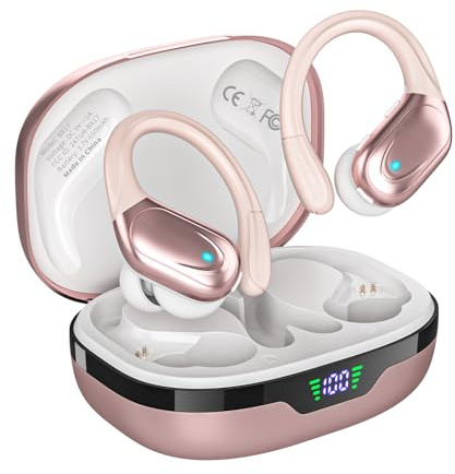 HAOYUYAN Wireless Earbuds, Sports Bluetooth Headphones, 80Hrs Playtime Ear Buds with LED Power Display, Noise Canceling Headset, IPX7 Waterproof Earphones for Workout/Running（Rose Gold）