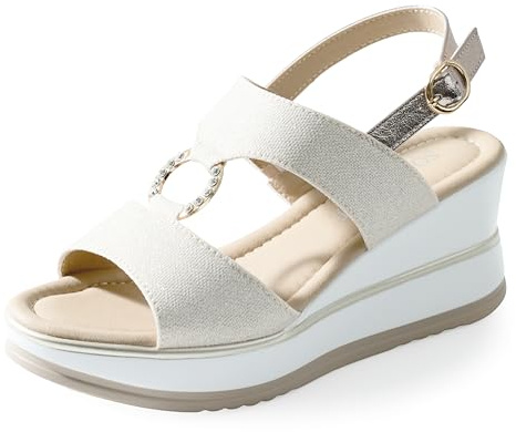 JOMIX Sandali Donna Eleganti con Zeppa 7 cm Tessuto Brillantinato e Dettaglio Gioiello con Anello Strass Cinturino Regolabile Suola Comfort Ammortizzata Antiscivolo Scarpe Estate Casual Chic Oro, 37