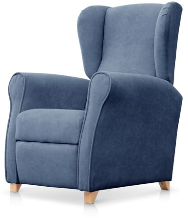 SUENOSZZZ-ESPECIALISTAS DEL DESCANSO Sillón Relax orejero Irene reclinable con Patas de Madera, Relax nórdico tapizado en Tela Antimanchas Azul