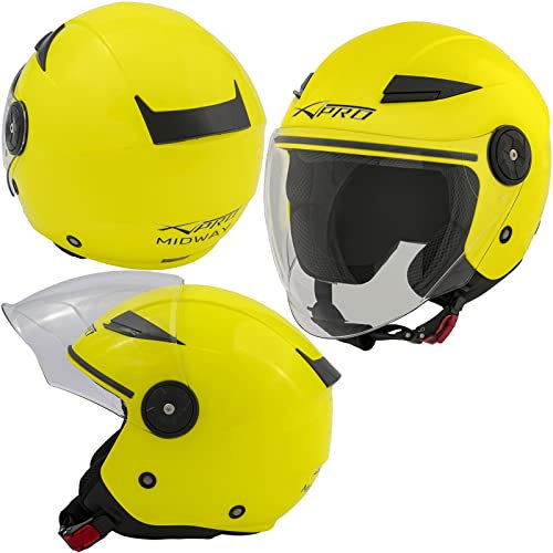 A-Pro City Jet Casco Moto ECE 22 Certificato Scooter Visiera Lunga Fluo M