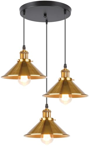 iDEGU 3 Luci Lampadario a Sospensione Vintage Lampada a Sospensione Industriale Stile Edison E27 Plafoniera Lampada da Soffitto per Sala da Pranzo Soggiorno Cucina Bar, 22CM (3 Luci Piatto, Oro)