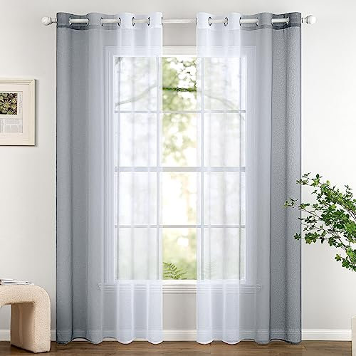 Woaboy 2er Set Voile Vorhang Zweifarbiger Vorhang mit Ösen Transparente Gardine Ösenschal Dekoschal Fensterschal Lichtdurchlässig für Schlafzimmer und Wohnzimmer 140x225cm Grau