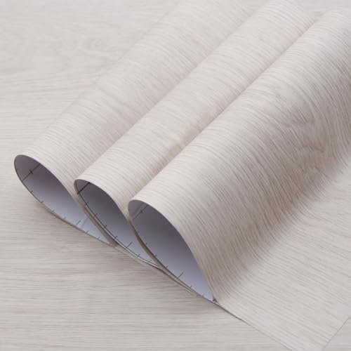 TOTIO Milky White Woodgrain Wallpaper Cream Colour Vinyl Wrap 16x354inch Air Guide Slot Design Matte Thick Self-Adhesive Waterproof Furniture Stickers for Kitchen Bathroom Walnut Effect Sticker Paper
