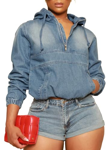 Aomice Women Half Zip Denim Hoodie Pullover Jacket Jean Sweatshirt Tops with Pockets Blue M