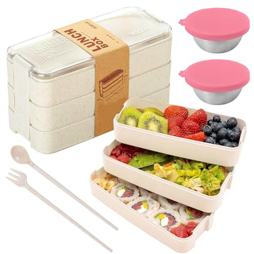 Yoirzit Bento Box Lunchbox Brotdose, 3 Fächer Stapelbare Bento Lunch Box mit 2 Saucenbehälter, Lecksicher, Mikrowelle sicher, meal prep boxen für Erwachsene Kinder Schule Picknick Büro Reise