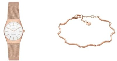 Skagen Damenuhr Grenen Lille Solar Powered und Armband Essential Waves, Rose Gold-Tone Edelstahl, Set