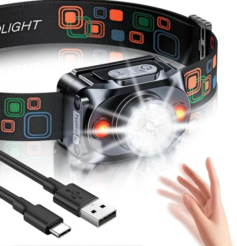 Rolgno Torcia Frontale LED Ricaricabile, [Ultra Luminosa] Lampada Frontale con Sensore di Movimento, 6 Modalità di Illuminazione & Impermeabile IPX4, 15H Autonomia per Corsa Notturna, Campeggio, Pesca