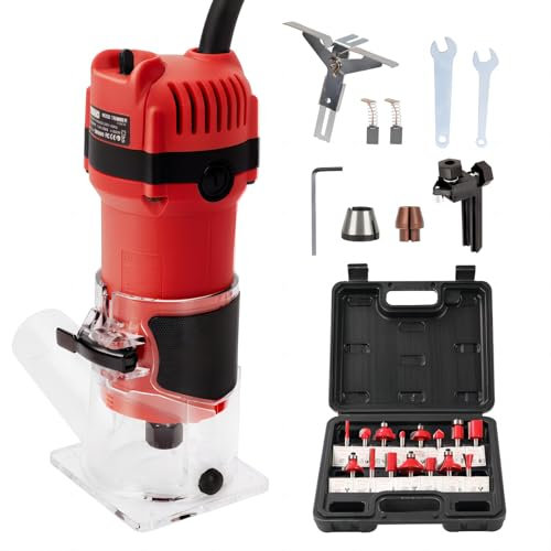 TEENO Compact Wood Router Tool, Electric Hand Wood Trimmer 800W 31000 RPM Hand Trim Router with 15 Pcs 1/4 Bits Set, Edge Guide, Roller Guide with Carrying Case