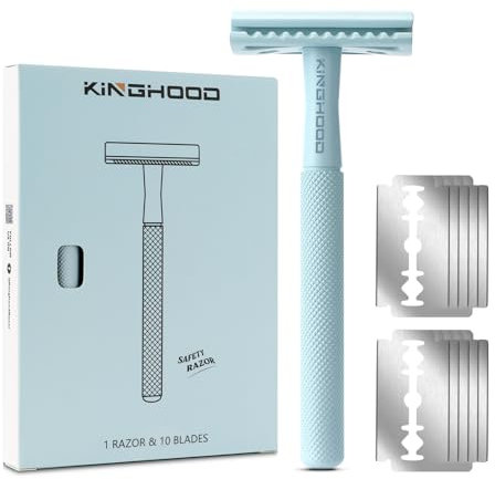 Rasierhobel Herren Damen, Eco Rasierer Metall + 10 Rasierklingen, Sicherheitsrasierer Safety Razor Hellblau