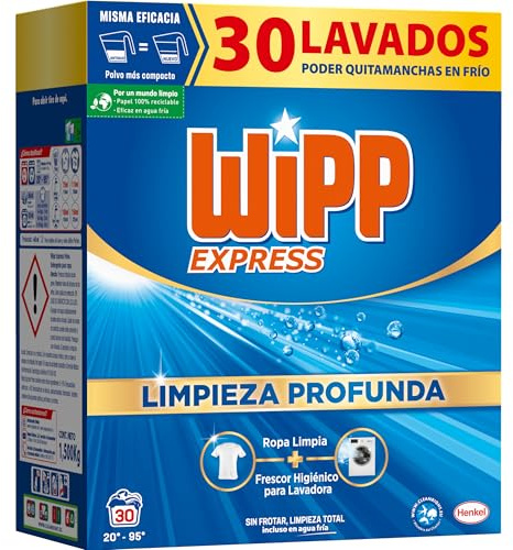 Wipp Express Limpieza Profunda (30 lavados), detergente en polvo quitamanchas, para lavadora, coladas higiénicamente limpias