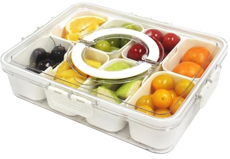 Amexo Snack Tray with Lid and Handle Snack Box with 8 Compartments Portable Food Boxes Organiser Containers for Food Veggie Candy Spice