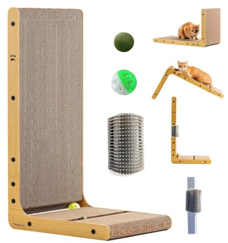 KUKUTSHU Rascador para Gatos Forma de L de 68 cm - Ideal para Gatos Grandes - con Juguete de Bola con Cascabel - Bola de Hierba Gatera y Cepillo de Masajes - Panel de una Pieza para Mayor Estabilidad