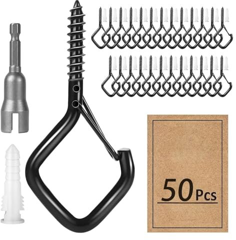 suzmei 50 Pcs Metal Screw-in Hooks with Safety Buckle | Heavy Duty Ceiling & Garden Hooks for Plants, Bird Cages, Fairy Lights, Christmas Decor (Indoor/Outdoor) (Black)