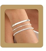 MOGASA 3Pcs Sterling Silver Bracelet for Women Girls Adjustable Layered Dainty Link Chain Beaded Bracelets for Womens Stackable Ladies Bracelets Jewellery Gift Silver/Gold